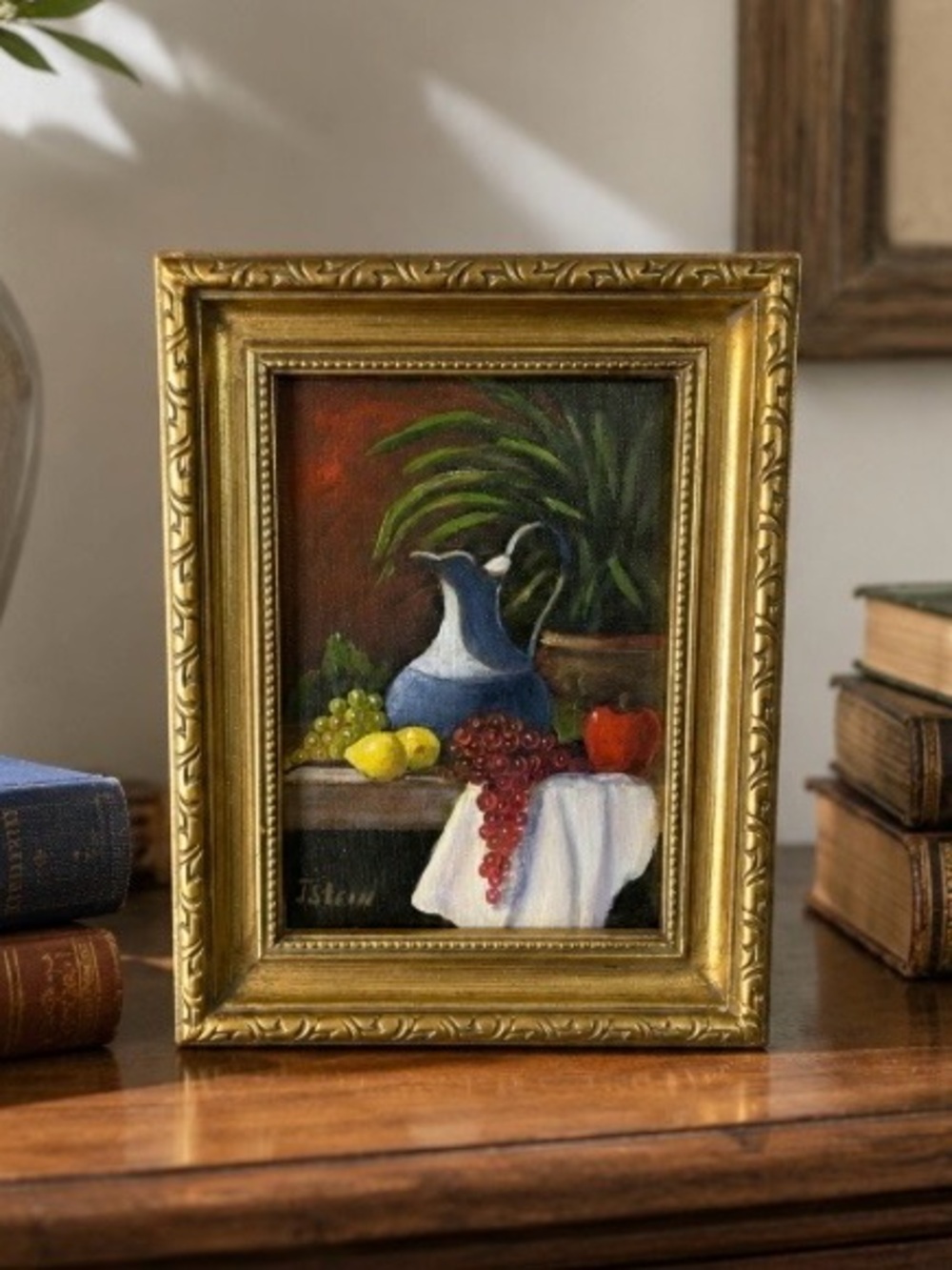 Original Oil Painting Signed J. Stein Gold Framed Art 7x9 Fruit Pitcher VTG